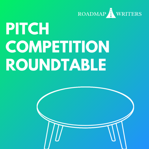Horizontal Ombre Green to Blue background with a white outline of a round table in the bottom right corner and white words in the top left corner: Pitch Competition Roundtable